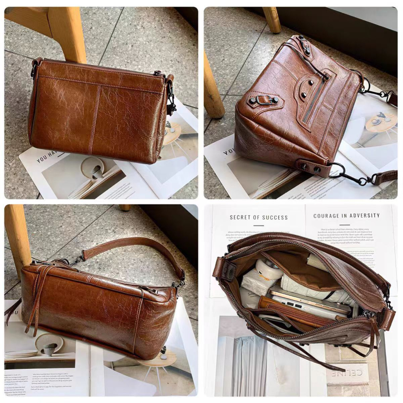 Unisex μοτό τσάντα ώμου και crossbody, μεγάλη χωρητικότητα, διακόσμηση με καρφίτσες, δέρμα βοοειδών