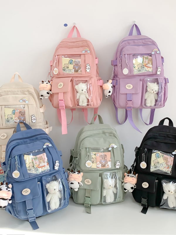 Ženski Harajuku ruksak s privjeskom crtani lik, velik kapacitet, korejska verzija, za srednju školu i gimnaziju