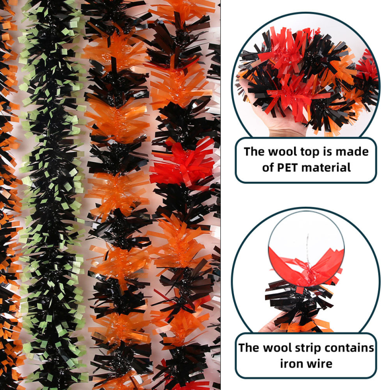 Ghirlandă de Halloween 2 m — neagră cu margine verde, panglici colorate pentru decor de casă și ornamente de perete DIY pentru petrecere