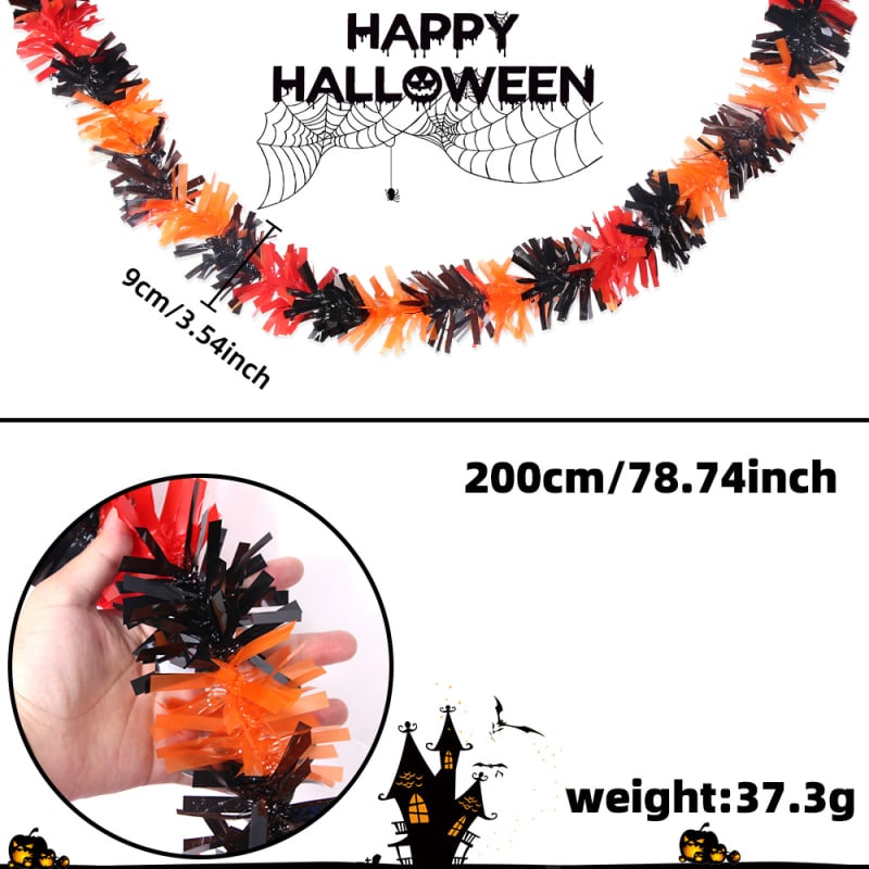Ghirlandă de Halloween 2 m — neagră cu margine verde, panglici colorate pentru decor de casă și ornamente de perete DIY pentru petrecere