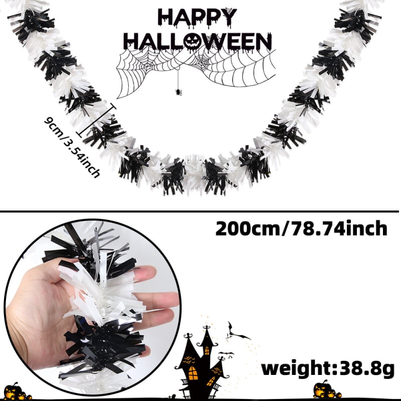 Ghirlandă de Halloween 2 m — neagră cu margine verde, panglici colorate pentru decor de casă și ornamente de perete DIY pentru petrecere