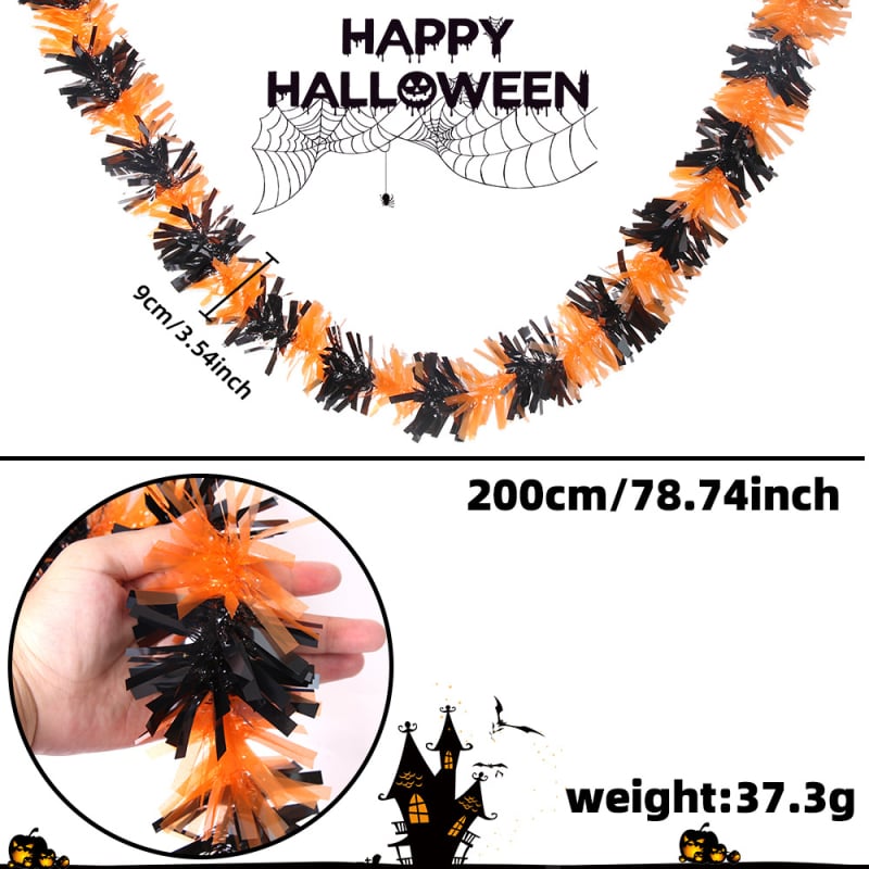 Ghirlandă de Halloween 2 m — neagră cu margine verde, panglici colorate pentru decor de casă și ornamente de perete DIY pentru petrecere