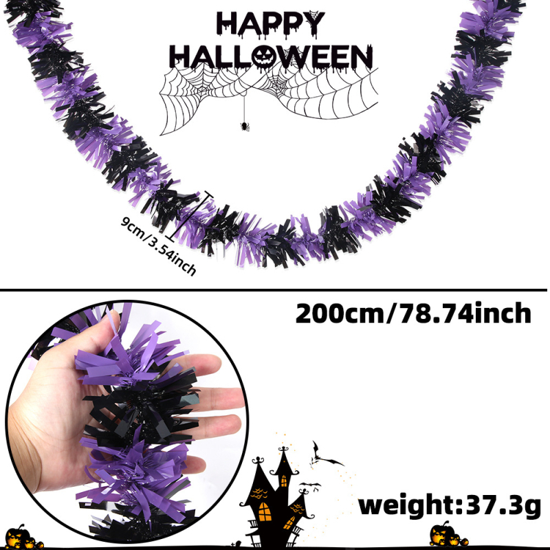 Ghirlandă de Halloween 2 m — neagră cu margine verde, panglici colorate pentru decor de casă și ornamente de perete DIY pentru petrecere