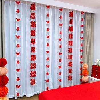 Set decorare nuntă pentru cameră: simbolul Fericirii Duble pentru living, decor perdea de dormitor, ornamente lungi de agățat, ghirlandă 3D cu fluturi