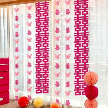 Set decorare nuntă pentru cameră: simbolul Fericirii Duble pentru living, decor perdea de dormitor, ornamente lungi de agățat, ghirlandă 3D cu fluturi