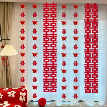 Set decorare nuntă pentru cameră: simbolul Fericirii Duble pentru living, decor perdea de dormitor, ornamente lungi de agățat, ghirlandă 3D cu fluturi