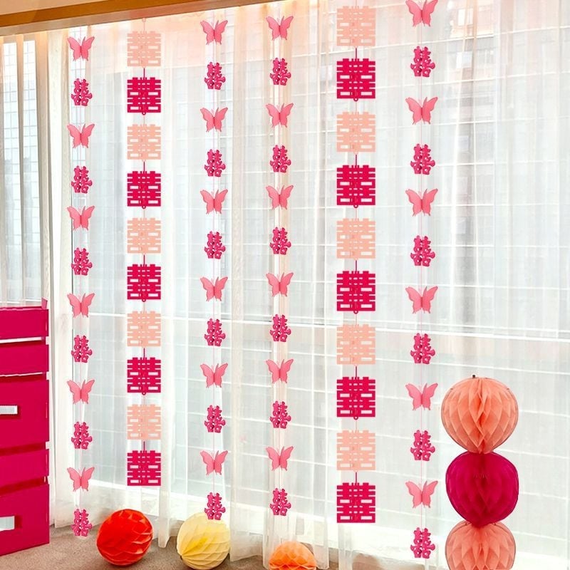 Set decorare nuntă pentru cameră: simbolul Fericirii Duble pentru living, decor perdea de dormitor, ornamente lungi de agățat, ghirlandă 3D cu fluturi