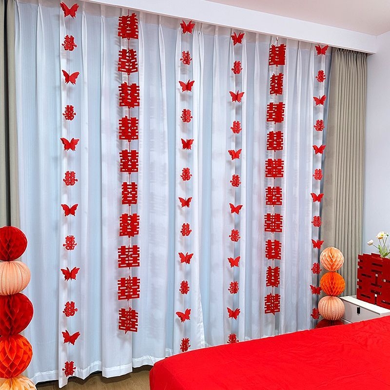 Set decorare nuntă pentru cameră: simbolul Fericirii Duble pentru living, decor perdea de dormitor, ornamente lungi de agățat, ghirlandă 3D cu fluturi