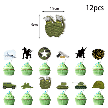 Set de decorațiuni pentru petrecerea de ziua băiatului, temă camuflaj militar în teren, cu ornamente pentru tort sub formă de steaguri și baloane din latex