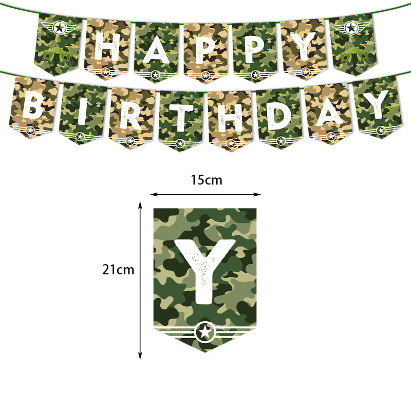 Set de decorațiuni pentru petrecerea de ziua băiatului, temă camuflaj militar în teren, cu ornamente pentru tort sub formă de steaguri și baloane din latex