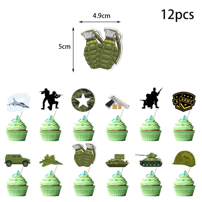 Set de decorațiuni pentru petrecerea de ziua băiatului, temă camuflaj militar în teren, cu ornamente pentru tort sub formă de steaguri și baloane din latex