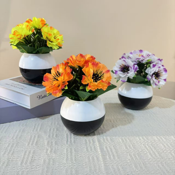 Set nou de 5 ghivece din plastic cu flori artificiale mini, decor de birou, vază în stil modern