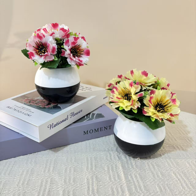 Set nou de 5 ghivece din plastic cu flori artificiale mini, decor de birou, vază în stil modern