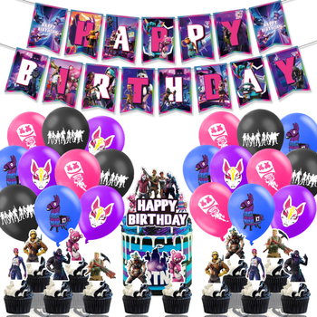 Set de decorațiuni pentru petrecere cu tema Fortnite Night: stegulețe, ornamente de tort cu baloane, ghirlande spirale și accesorii pentru petrecere cu alpaca