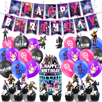 Set de decorațiuni pentru petrecere cu tema Fortnite Night: stegulețe, ornamente de tort cu baloane, ghirlande spirale și accesorii pentru petrecere cu alpaca