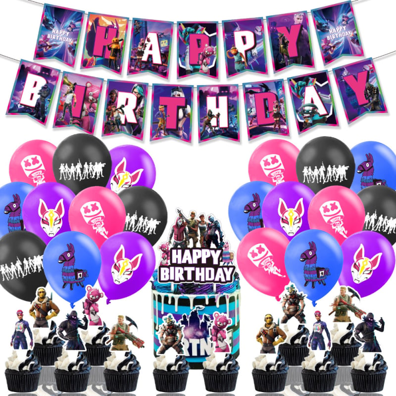 Set de decorațiuni pentru petrecere cu tema Fortnite Night: stegulețe, ornamente de tort cu baloane, ghirlande spirale și accesorii pentru petrecere cu alpaca