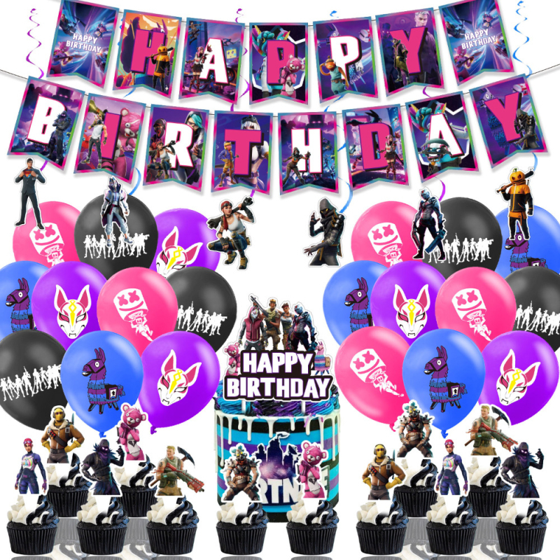 Set de decorațiuni pentru petrecere cu tema Fortnite Night: stegulețe, ornamente de tort cu baloane, ghirlande spirale și accesorii pentru petrecere cu alpaca
