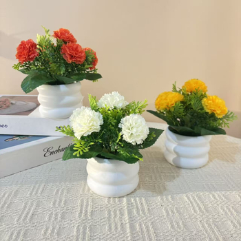 Noul aranjament cu cinci garoafe într-un mini bonsai în ghiveci, în formă de inel, pentru decor de birou, flori artificiale realiste