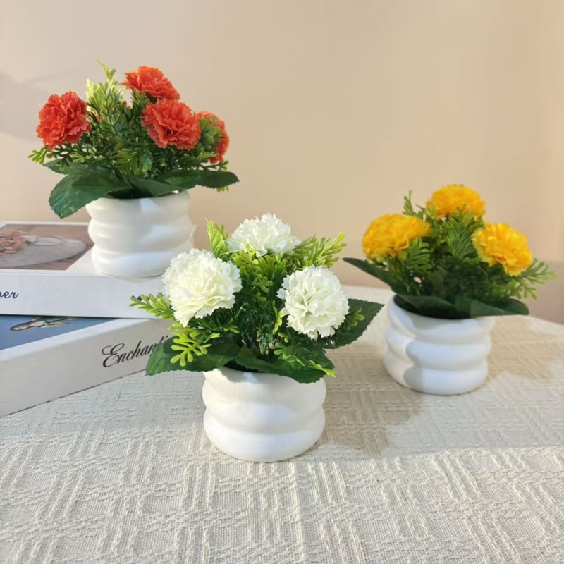Noul aranjament cu cinci garoafe într-un mini bonsai în ghiveci, în formă de inel, pentru decor de birou, flori artificiale realiste