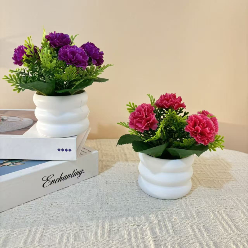 Noul aranjament cu cinci garoafe într-un mini bonsai în ghiveci, în formă de inel, pentru decor de birou, flori artificiale realiste