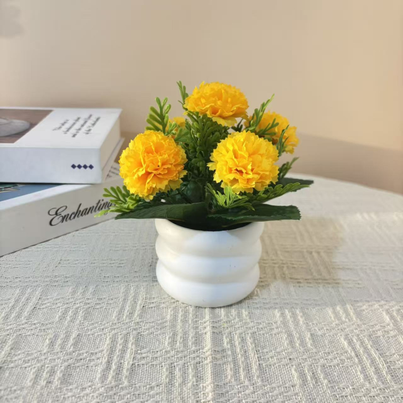 Noul aranjament cu cinci garoafe într-un mini bonsai în ghiveci, în formă de inel, pentru decor de birou, flori artificiale realiste