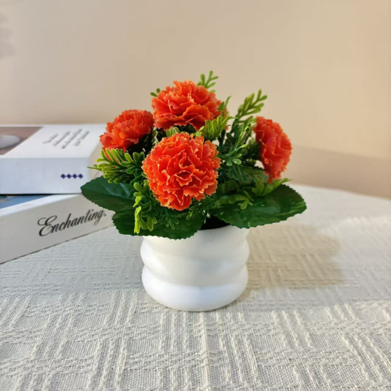 Noul aranjament cu cinci garoafe într-un mini bonsai în ghiveci, în formă de inel, pentru decor de birou, flori artificiale realiste