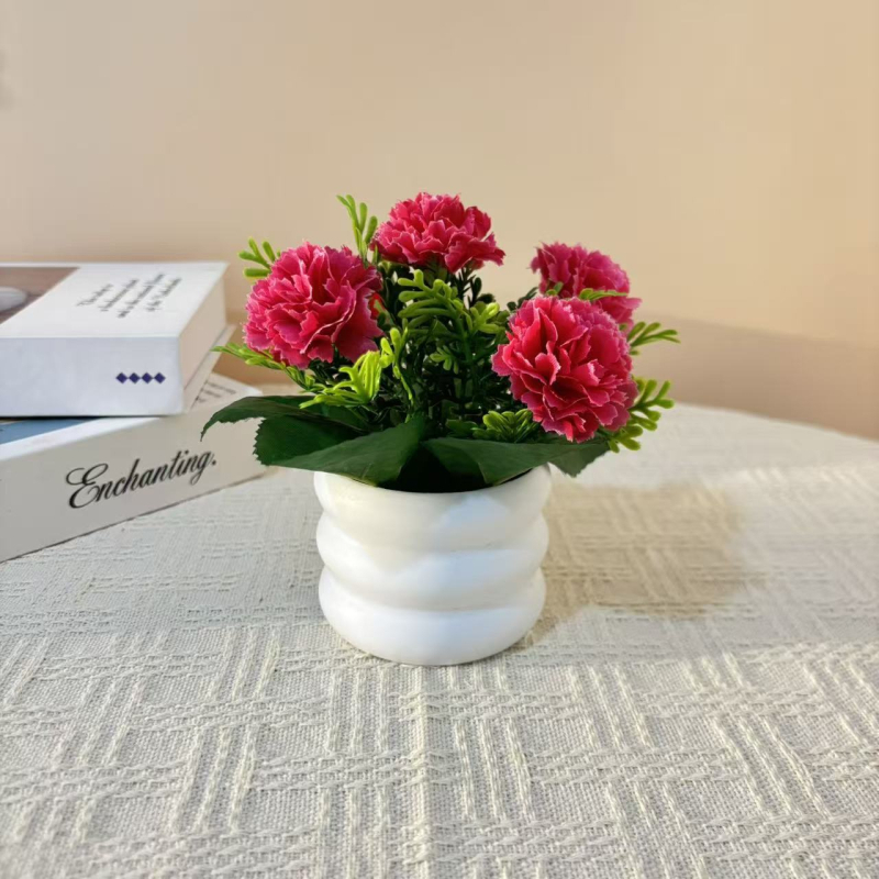 Noul aranjament cu cinci garoafe într-un mini bonsai în ghiveci, în formă de inel, pentru decor de birou, flori artificiale realiste