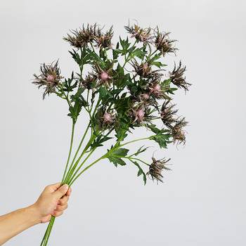 Ramură artificială cu trei capete de eryngium, pentru aranjamente florale și recuzită fotografică