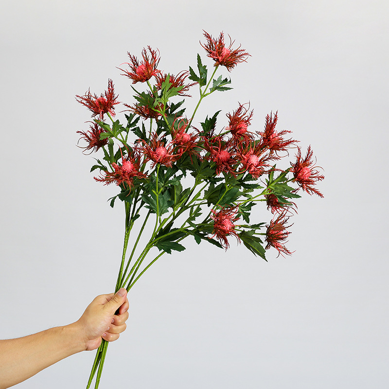 Ramură artificială cu trei capete de eryngium, pentru aranjamente florale și recuzită fotografică