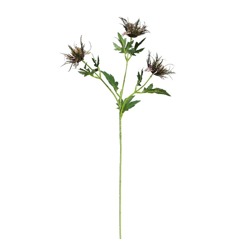 Ramură artificială cu trei capete de eryngium, pentru aranjamente florale și recuzită fotografică