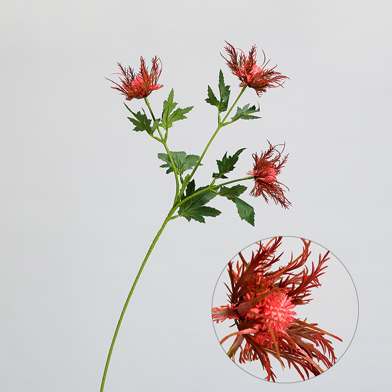 Ramură artificială cu trei capete de eryngium, pentru aranjamente florale și recuzită fotografică