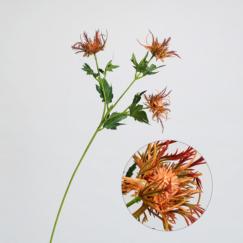 Ramură artificială cu trei capete de eryngium, pentru aranjamente florale și recuzită fotografică