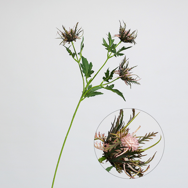 Ramură artificială cu trei capete de eryngium, pentru aranjamente florale și recuzită fotografică