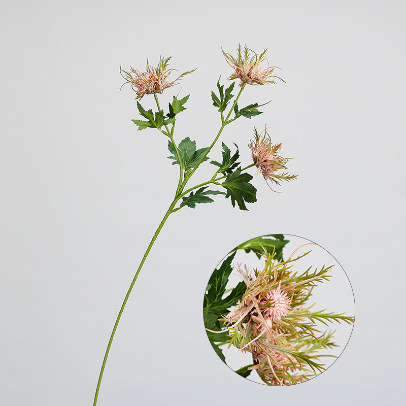 Ramură artificială cu trei capete de eryngium, pentru aranjamente florale și recuzită fotografică