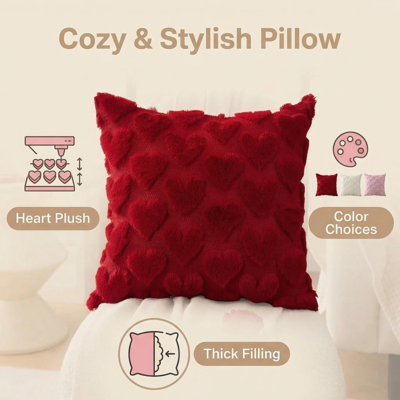 Fețe de pernă din pluș cu broderie în formă de inimă și țesătură jacquard, pentru living