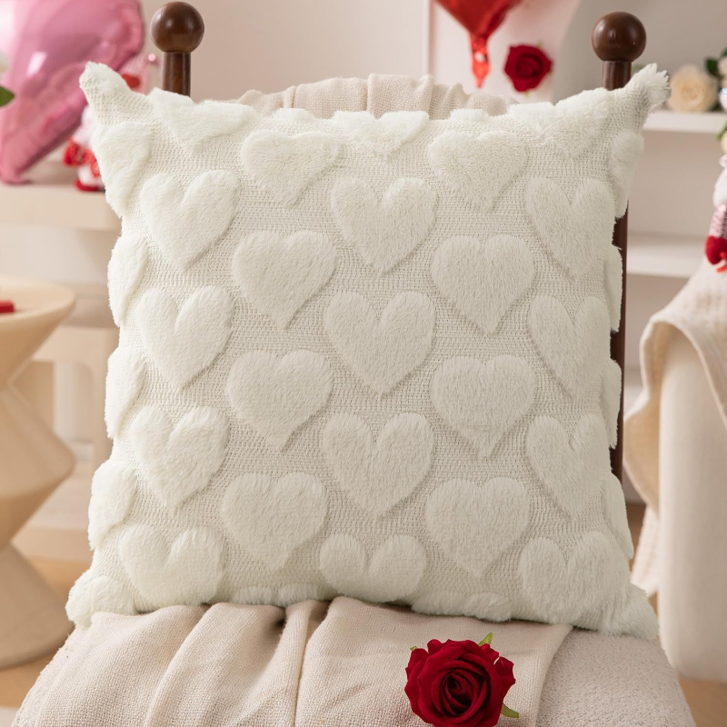 Fețe de pernă din pluș cu broderie în formă de inimă și țesătură jacquard, pentru living