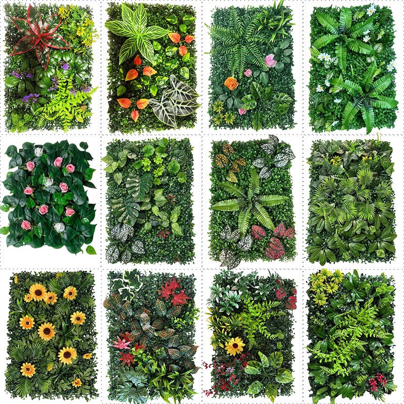 Perete decorativ cu plante artificiale, flori false și gazon artificial pentru fundal realist