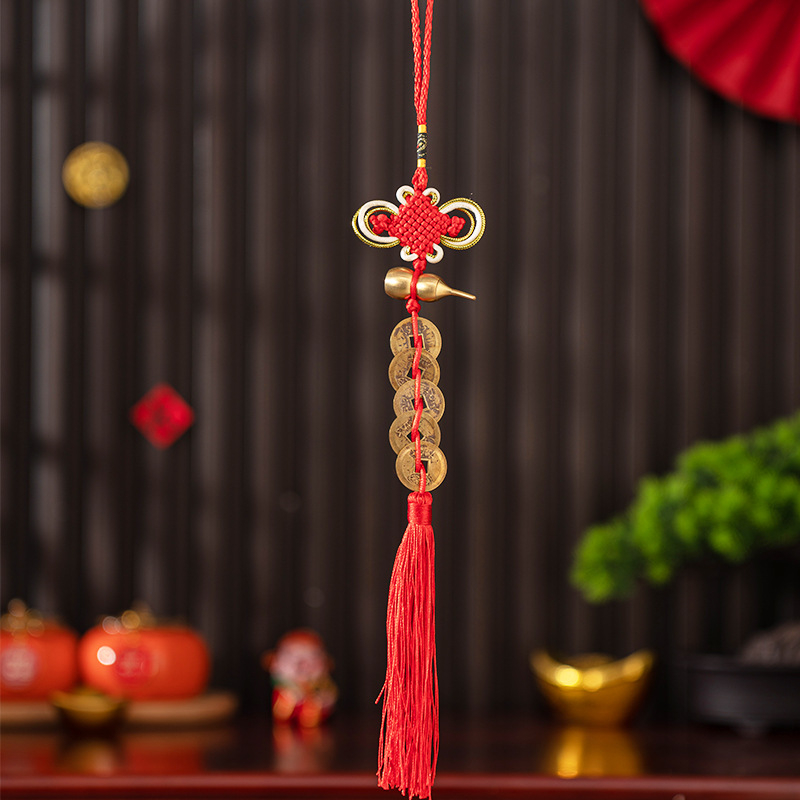 Pandantiv din alamă, dovleac-monedă al celor cinci împărați, protecție pentru prag, nod chinezesc de agățat, decor Feng Shui
