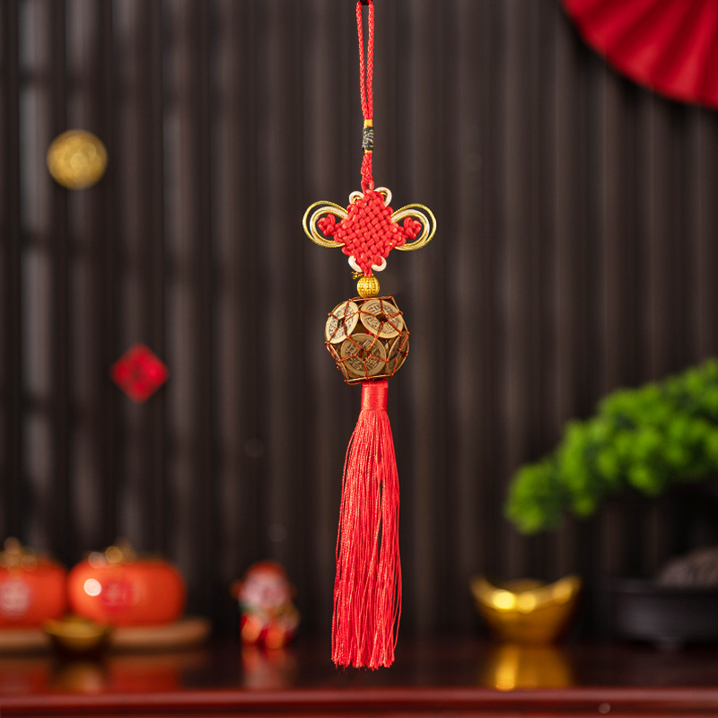 Pandantiv din alamă, dovleac-monedă al celor cinci împărați, protecție pentru prag, nod chinezesc de agățat, decor Feng Shui