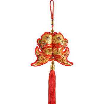 Nod chinezesc cu lanternă de atârnat, catifea auriu ștampilat cinci binecuvântări, pandantive cu pești, lotus și simbolul norocului