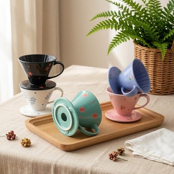 V60 порцеланова филтър-чаша за кафе, печат с цветя, ръчно рисувана с дръжка, за 1–4 порции