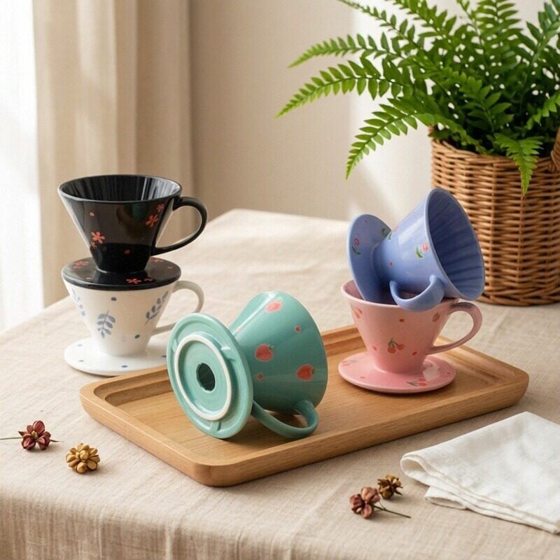 V60 порцеланова филтър-чаша за кафе, печат с цветя, ръчно рисувана с дръжка, за 1–4 порции