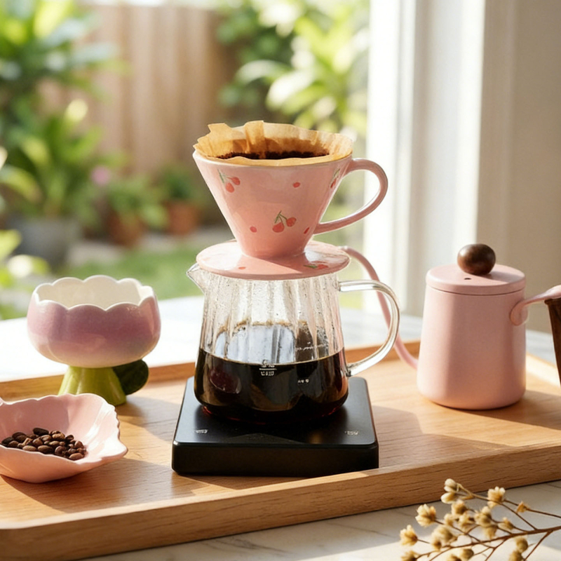 V60 порцеланова филтър-чаша за кафе, печат с цветя, ръчно рисувана с дръжка, за 1–4 порции