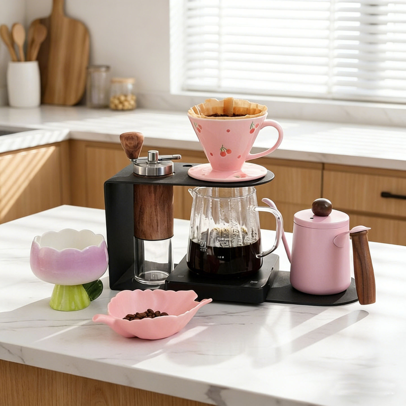 V60 порцеланова филтър-чаша за кафе, печат с цветя, ръчно рисувана с дръжка, за 1–4 порции
