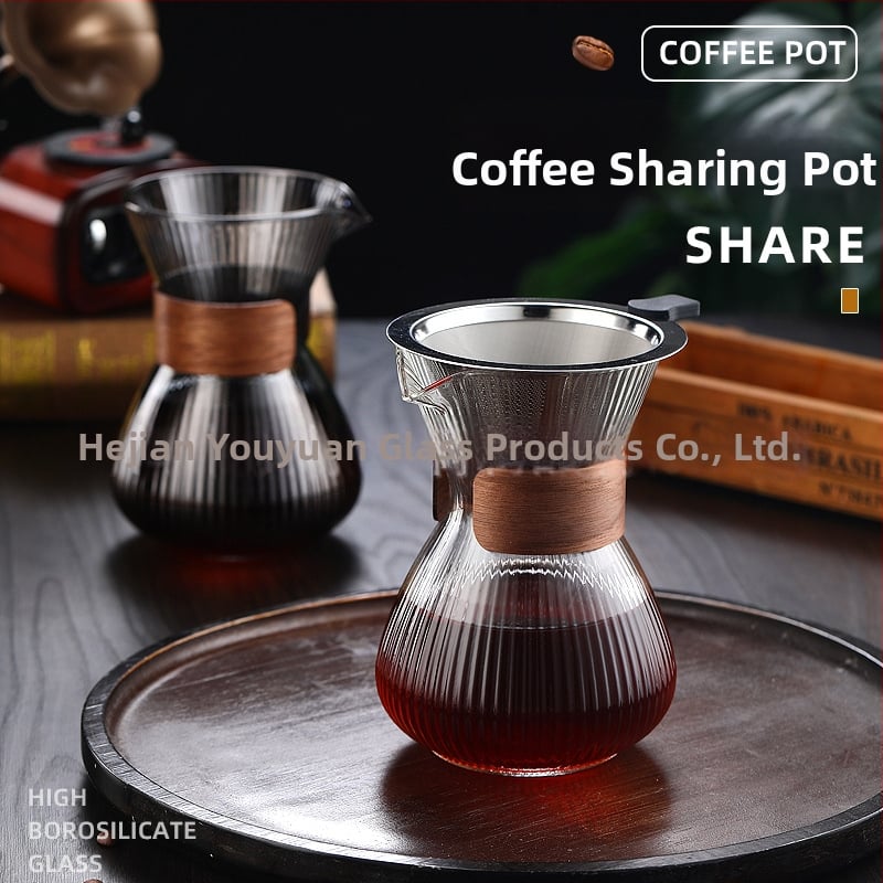 Set na zdieľanie kávy: pruhované borosilikátové sklo na pour-over kanvičku s opakovane použiteľným sieťovým filtrom