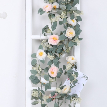 Viță artificială cu eucalipt, bujor și camelia, flori de mătase, frunziș verde, 1,8 m lungime, decor cu frunze în formă de monedă