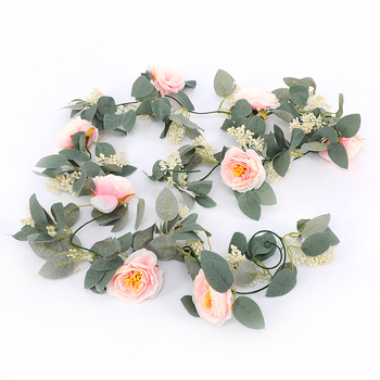 Viță artificială cu eucalipt, bujor și camelia, flori de mătase, frunziș verde, 1,8 m lungime, decor cu frunze în formă de monedă