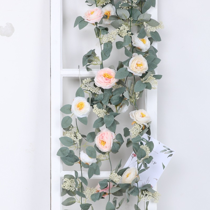 Viță artificială cu eucalipt, bujor și camelia, flori de mătase, frunziș verde, 1,8 m lungime, decor cu frunze în formă de monedă