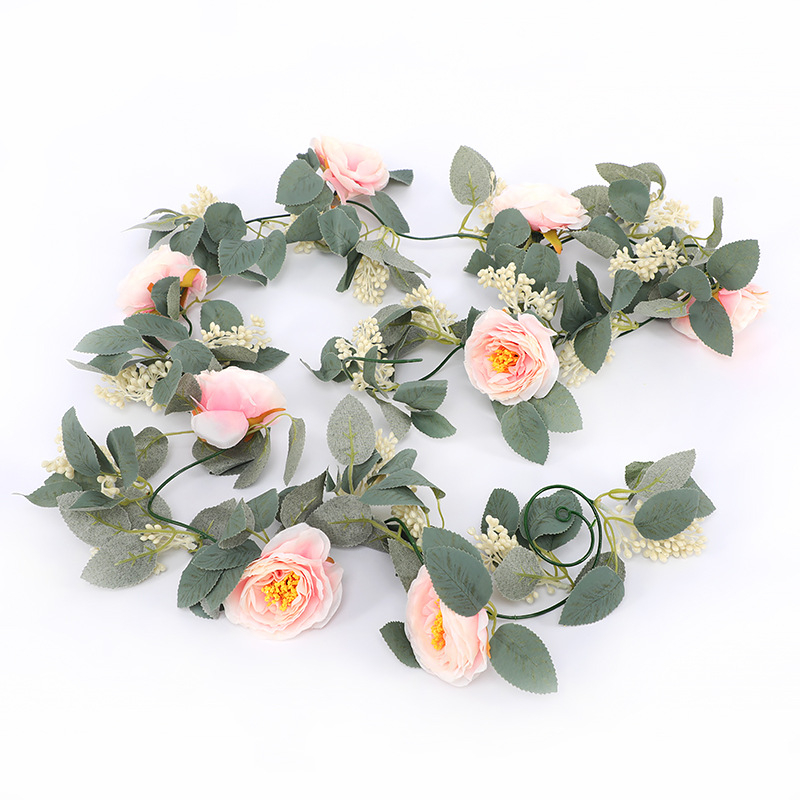 Viță artificială cu eucalipt, bujor și camelia, flori de mătase, frunziș verde, 1,8 m lungime, decor cu frunze în formă de monedă