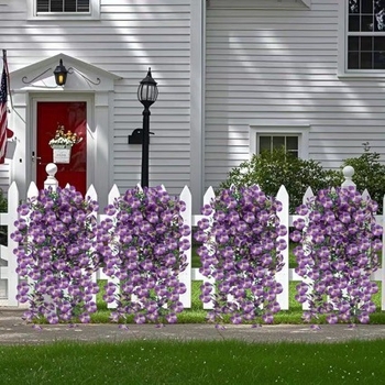 Decor cu viță de eucalipt și pansy, montat pe perete, pentru exterior, flori artificiale